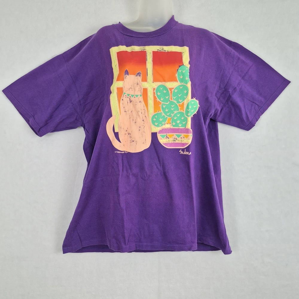 Vtg Sedona Desert Cactus Cat Xl Shirt Purple Colorful Western Streetwear Cotton